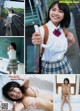 A collage of photos of a woman in a school uniform.